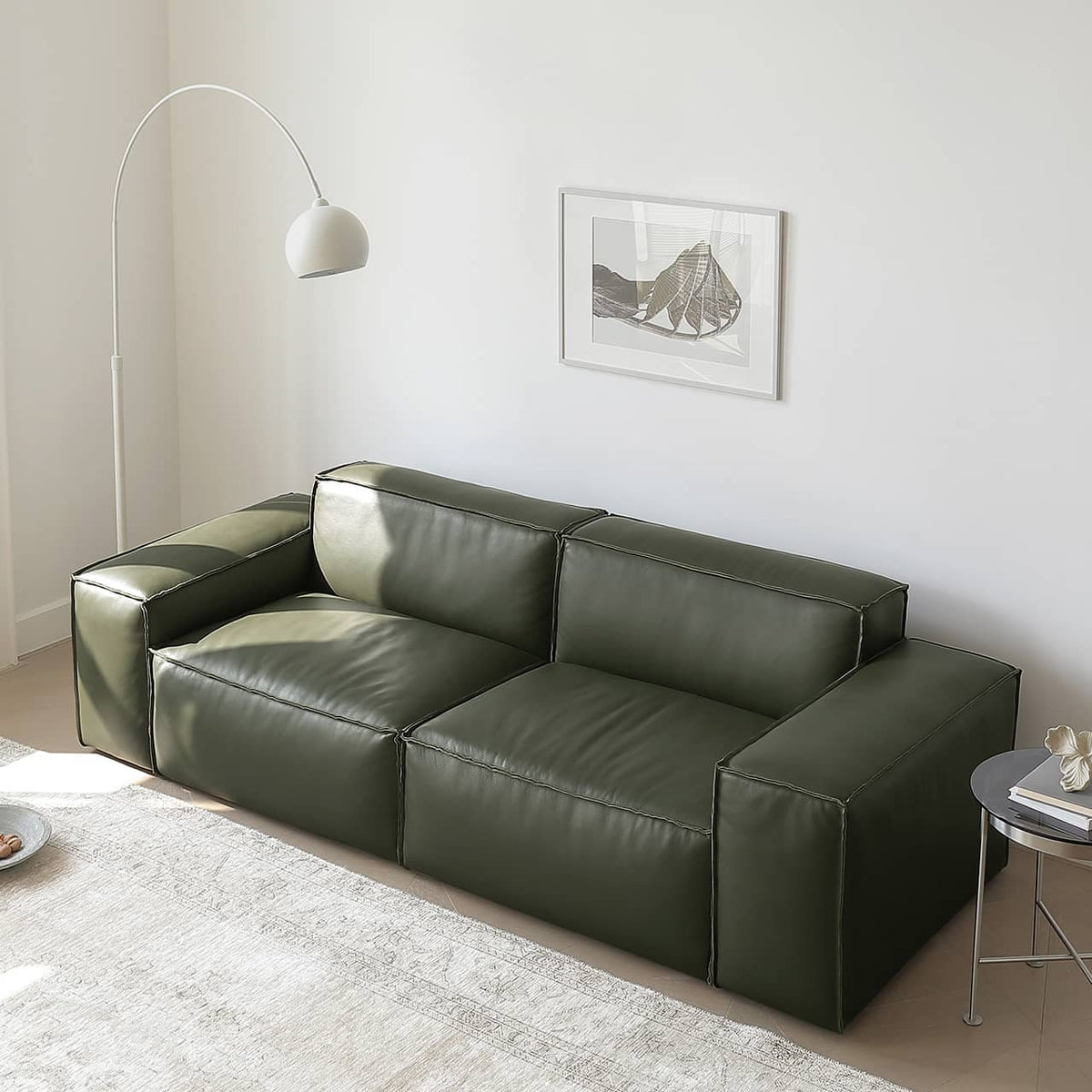 Luxurious Dark Green Pine Leather Sofa with Plush Down Cushions my-368