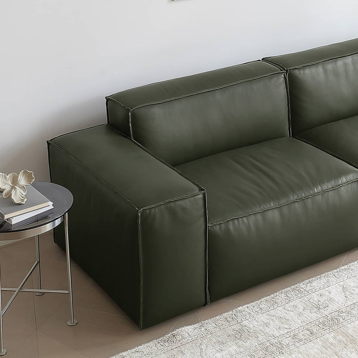 Luxurious Dark Green Pine Leather Sofa with Plush Down Cushions my-368