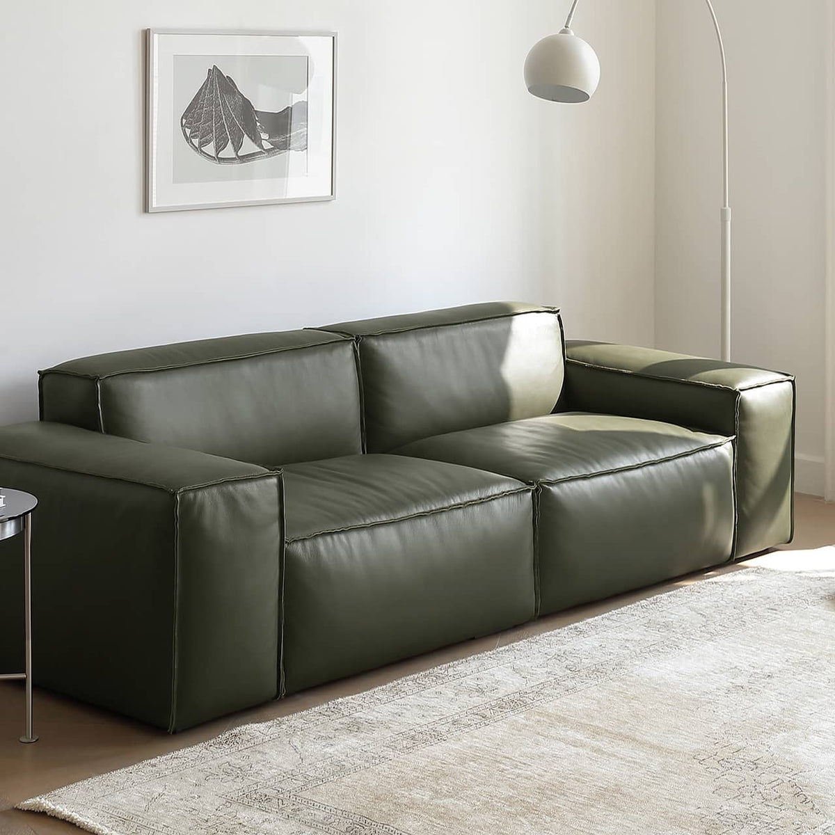 Luxurious Dark Green Pine Leather Sofa with Plush Down Cushions my-368