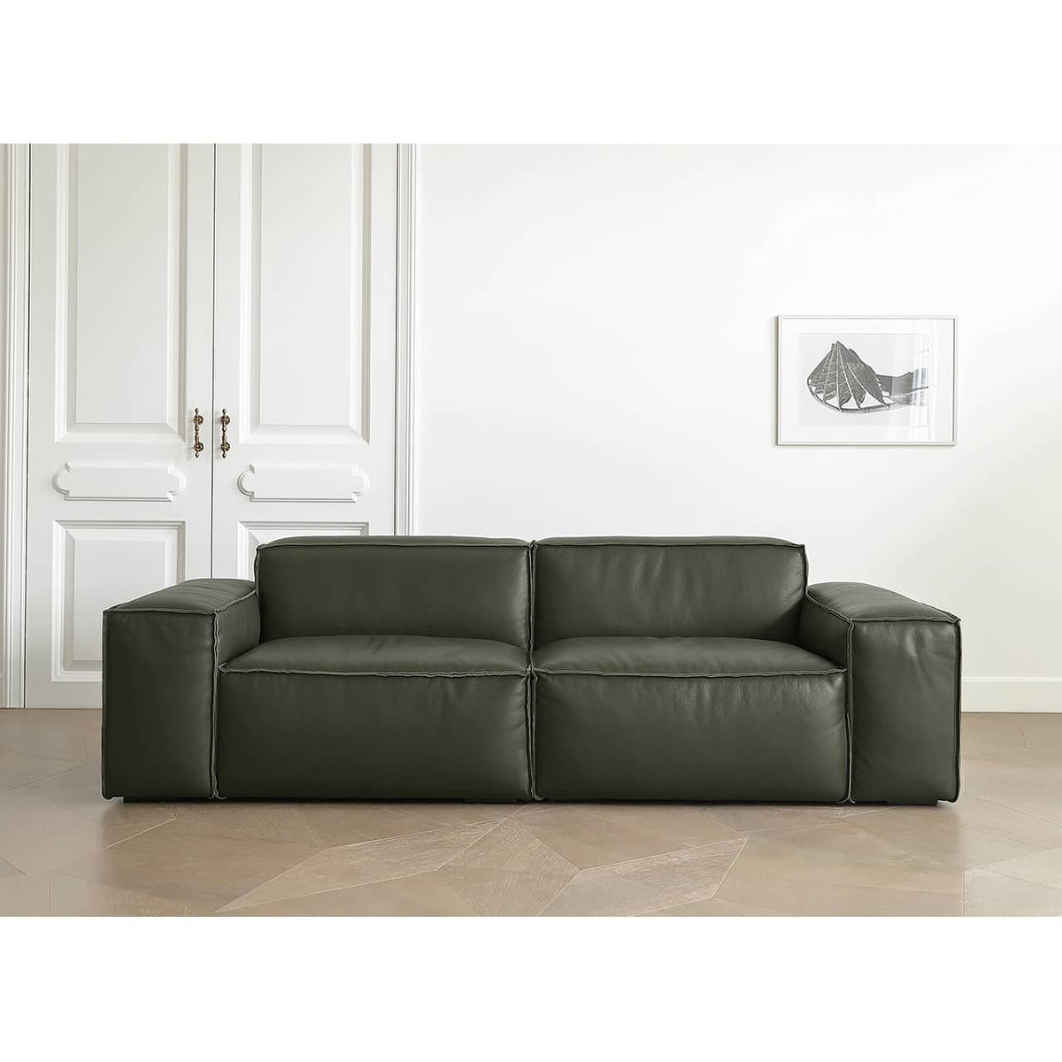 Luxurious Dark Green Pine Leather Sofa with Plush Down Cushions my-368