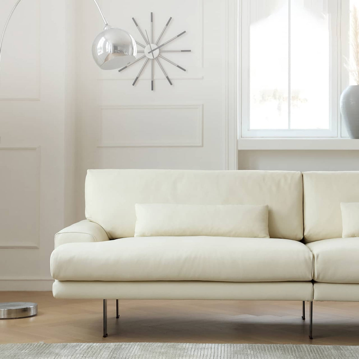 Luxurious Off-White Pine Leather Sofa with Plush Down Cushions and Sleek Stainless Steel Accents my-372