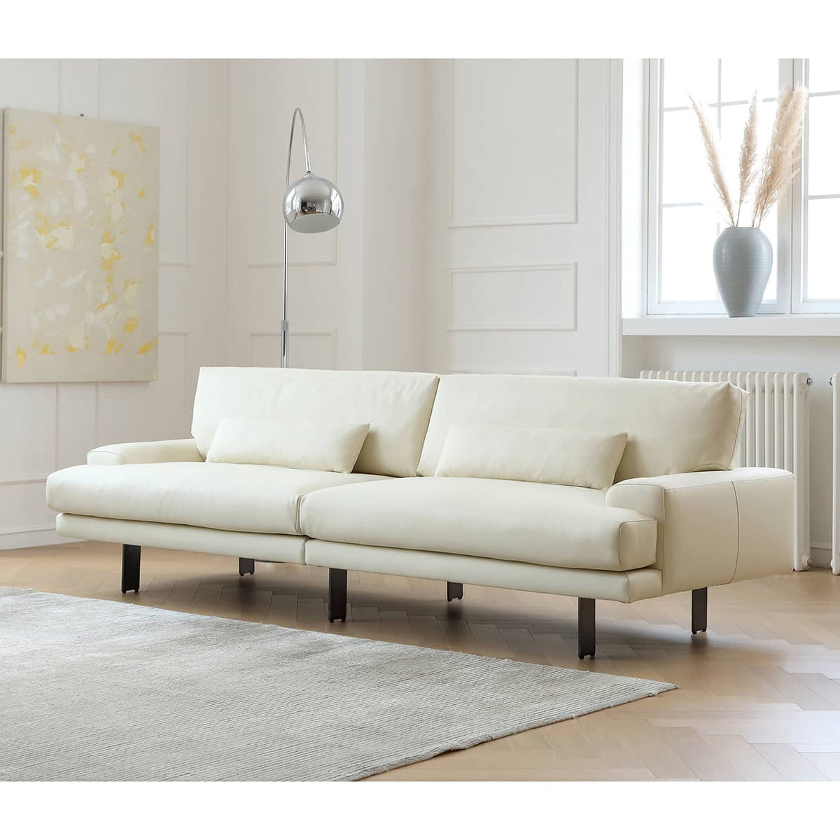 Luxurious Off-White Pine Leather Sofa with Plush Down Cushions and Sleek Stainless Steel Accents my-372