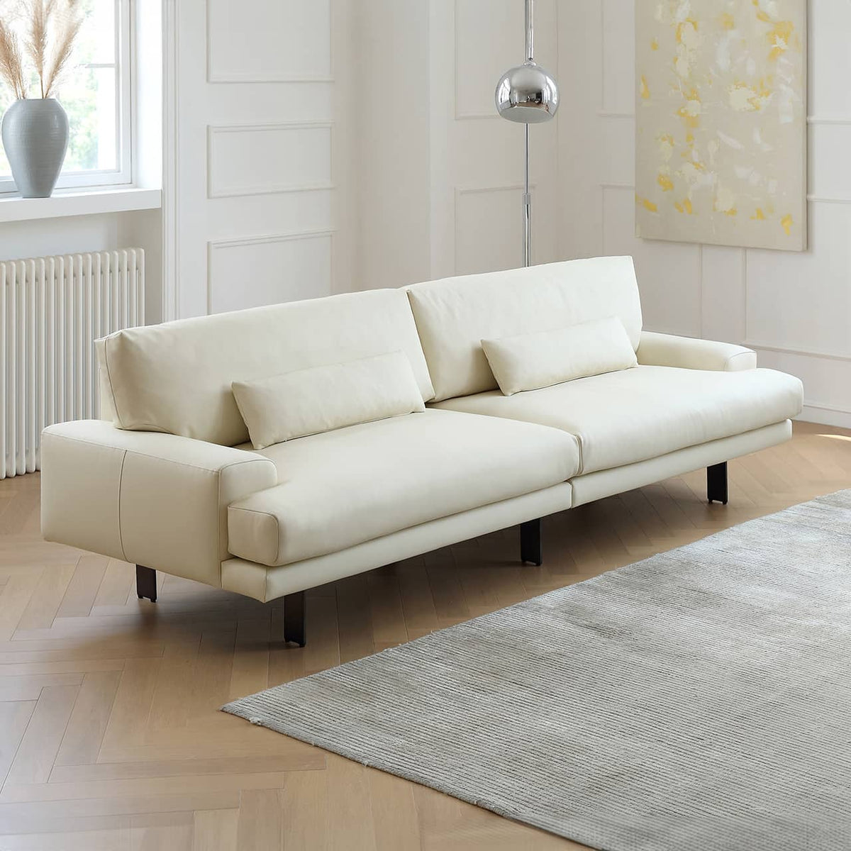 Luxurious Off-White Pine Leather Sofa with Plush Down Cushions and Sleek Stainless Steel Accents my-372