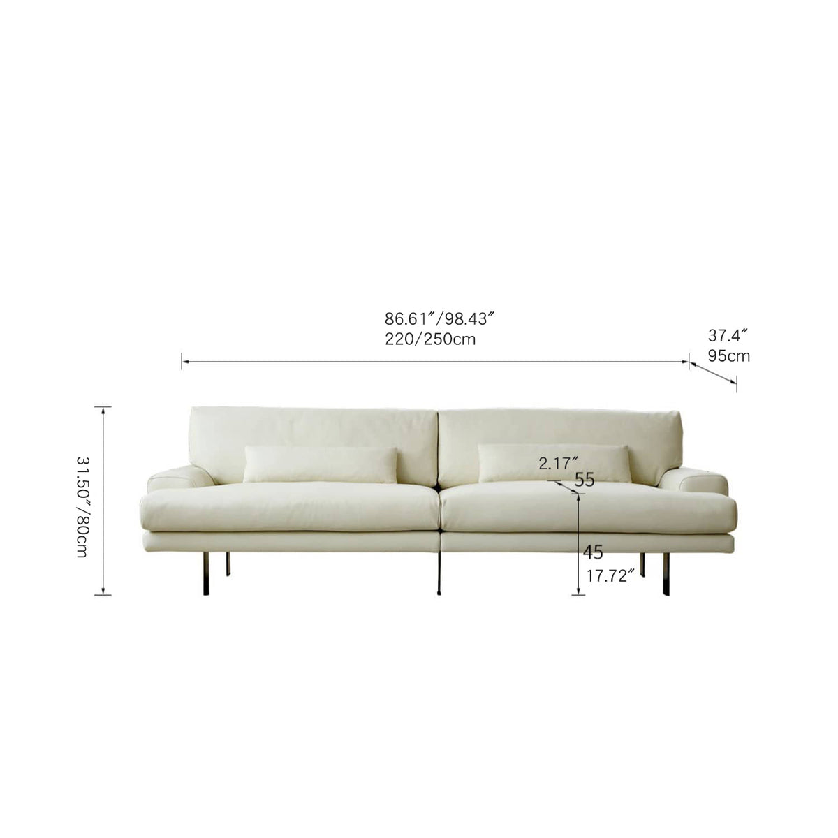 Luxurious Off-White Pine Leather Sofa with Plush Down Cushions and Sleek Stainless Steel Accents my-372