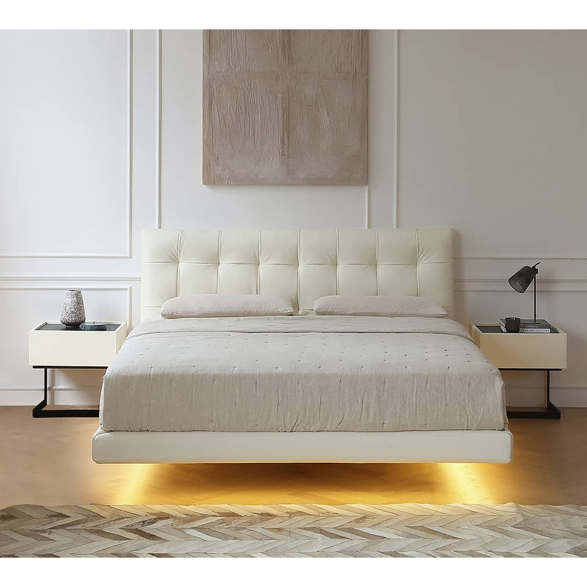 Stylish Bed Frame with Light Brown Pine and Leather Finish my-376