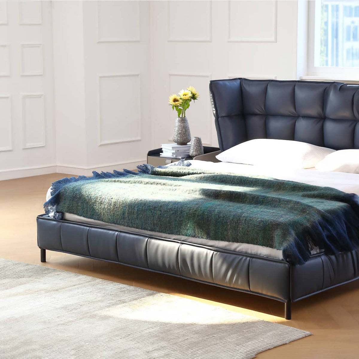 Luxurious Black Pine Bed with Leather Upholstery and Silk Floss Comfort my-381