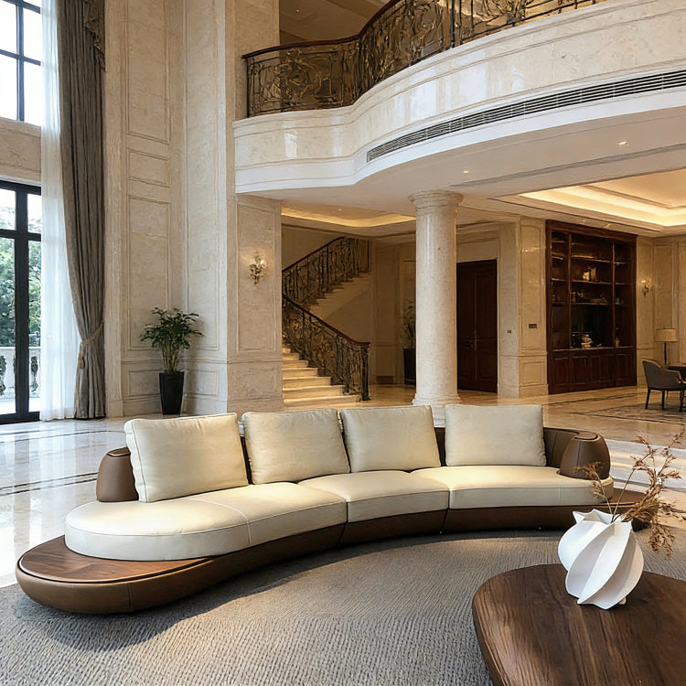 Modern Minimalist Curved Black Walnut Solid Wood Sofa with Leather Cushions, Multi-Seater Living Room Couch mzy-0226-63