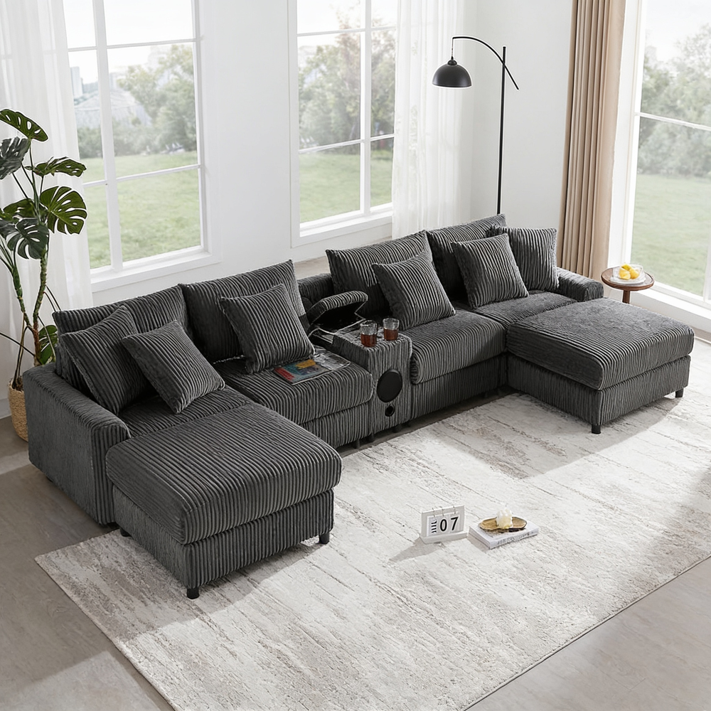 [VIDEO]141.5*64'' Corduroy Sectional Sofa with Bluetooth Speakers, U-Shaped Couch with Console, USB Charger, Cup Holders, Storage, Ottoman, Deep and Wide Seat Cloud Sofa for Living Room&Apartment-N723S0756E - 正方形修复