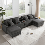 [VIDEO]141.5*64'' Corduroy Sectional Sofa with Bluetooth Speakers, U-Shaped Couch with Console, USB Charger, Cup Holders, Storage, Ottoman, Deep and Wide Seat Cloud Sofa for Living Room&Apartment-N723S0756E - 正方形修复