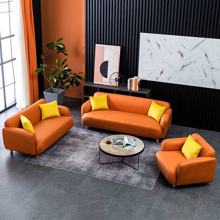 Modern Techno Fabric Sofa Set in Orange, Off-White, Dark Blue, and Green with Elegant Wood Accents qm-1