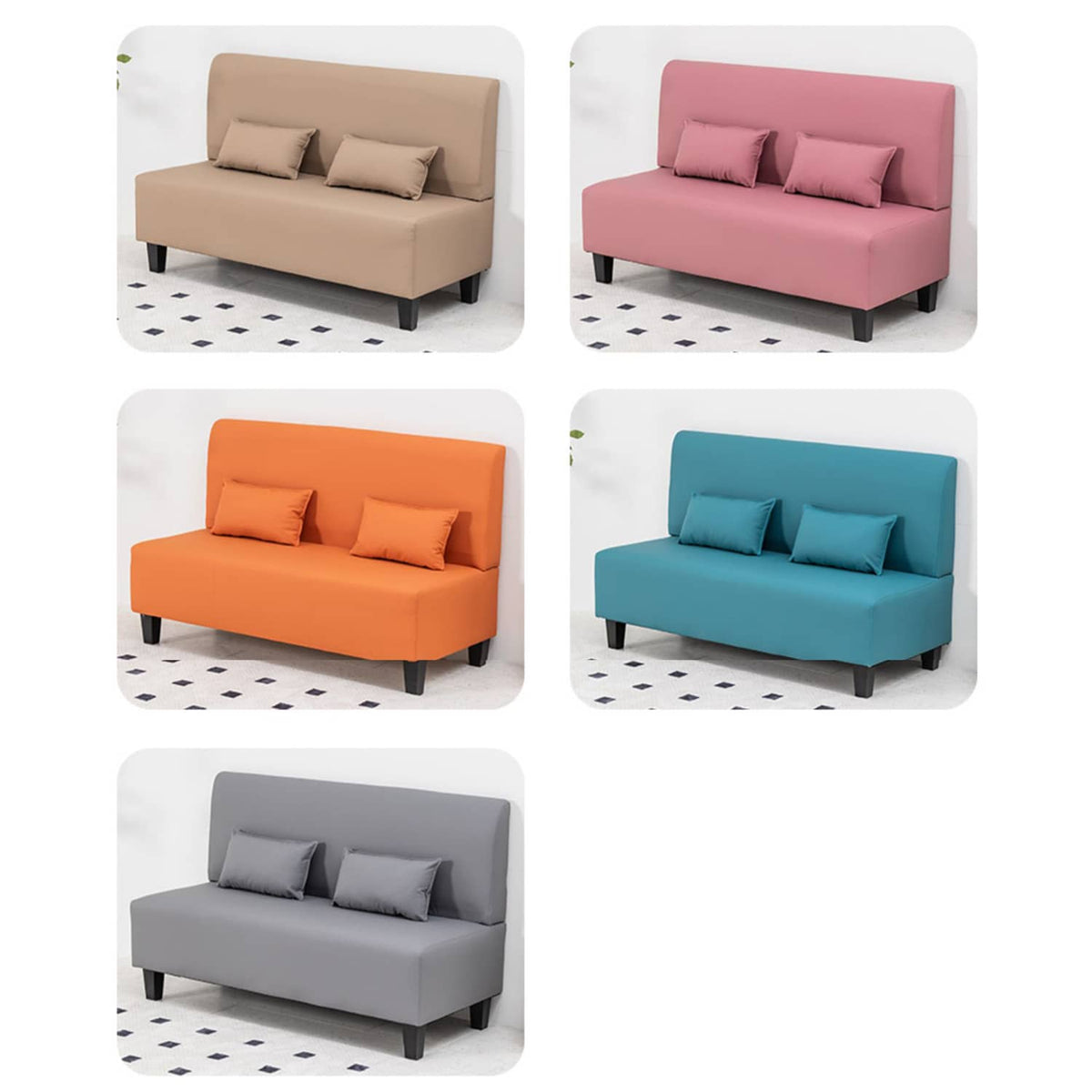 Modern Techno Fabric Sofa Set in Orange, Off-White, Dark Blue, and Green with Elegant Wood Accents qm-1