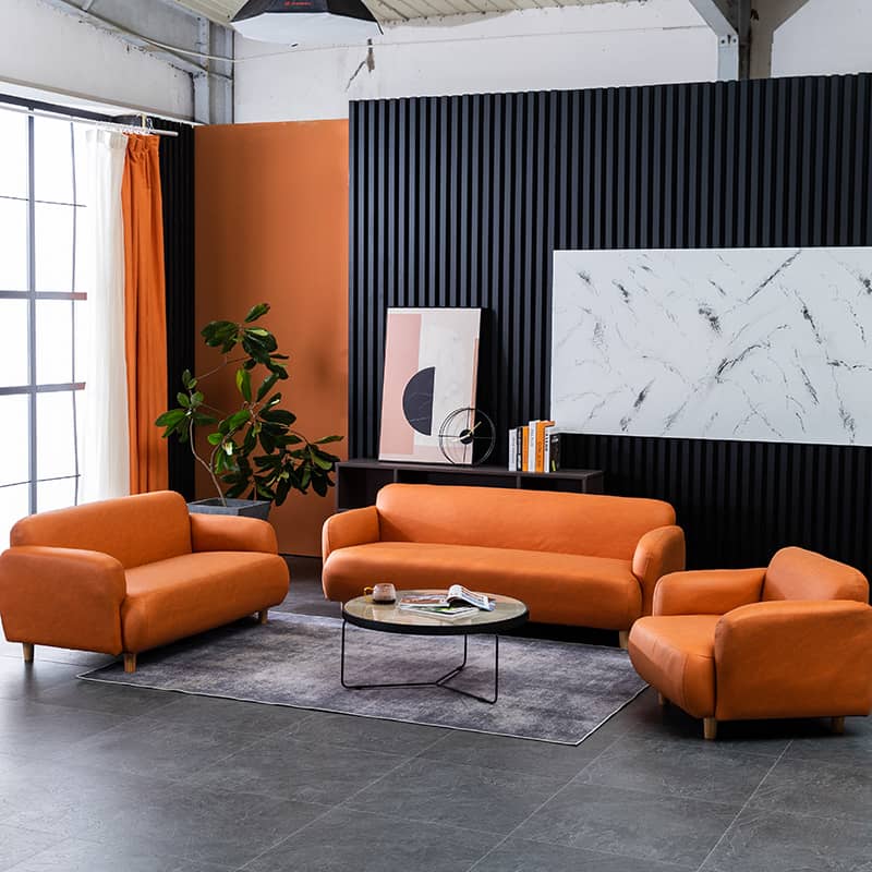 Modern Techno Fabric Sofa Set in Orange, Off-White, Dark Blue, and Green with Elegant Wood Accents qm-1