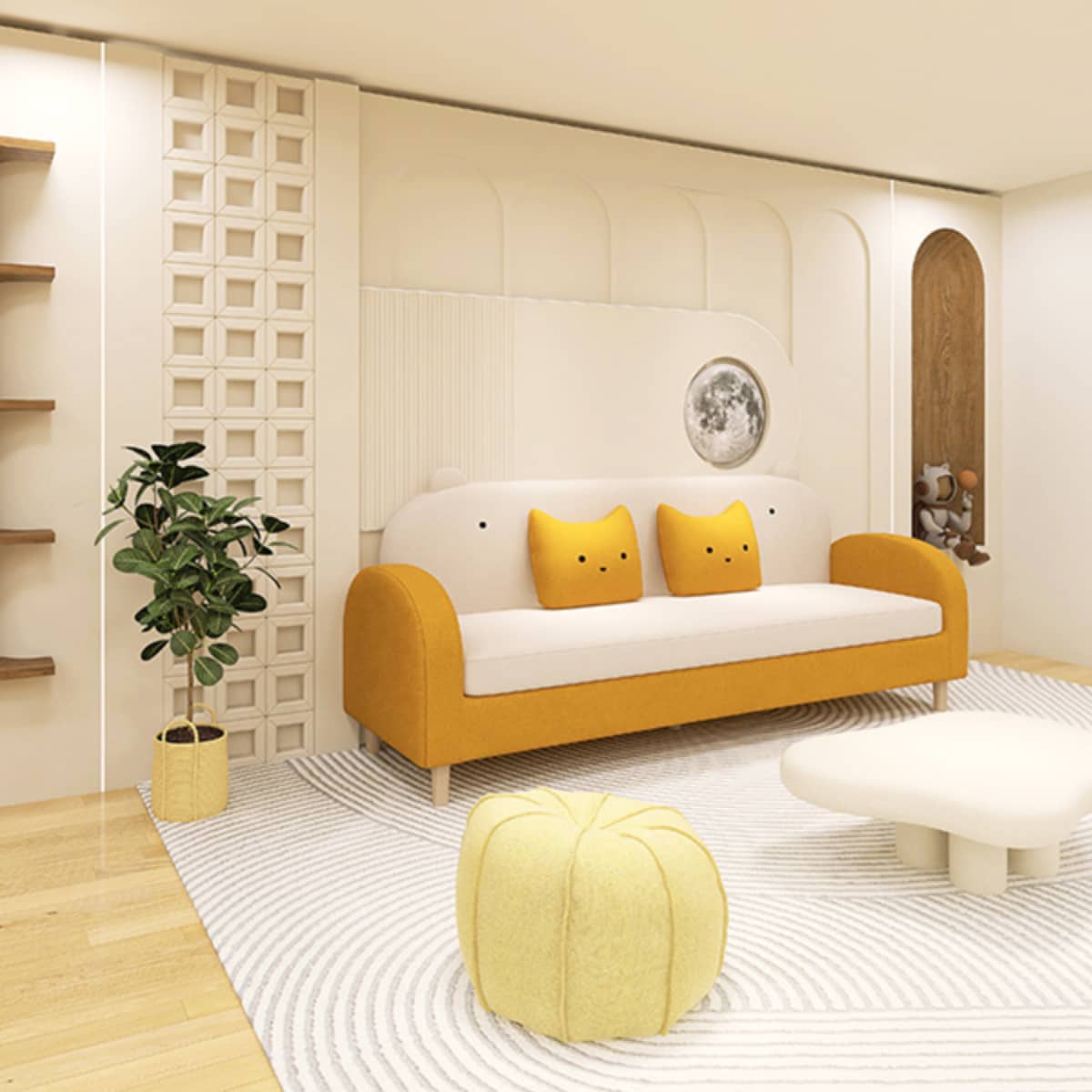 Modern Techno Fabric Sofa Set in Orange, Off-White, Dark Blue, and Green with Elegant Wood Accents qm-1