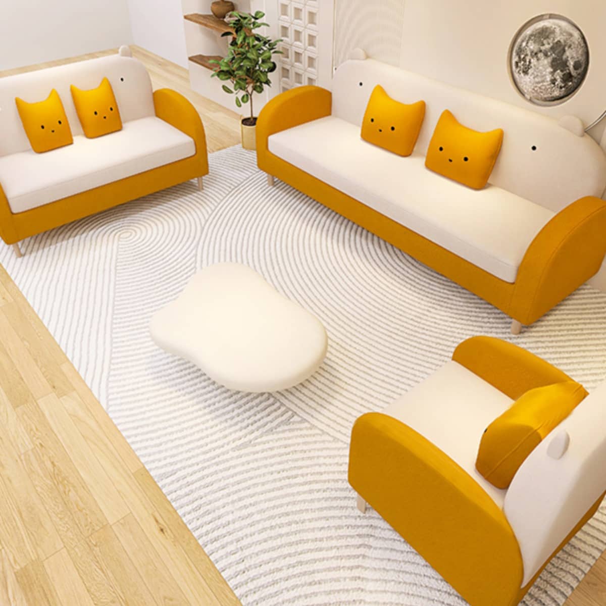 Modern Techno Fabric Sofa Set in Orange, Off-White, Dark Blue, and Green with Elegant Wood Accents qm-1