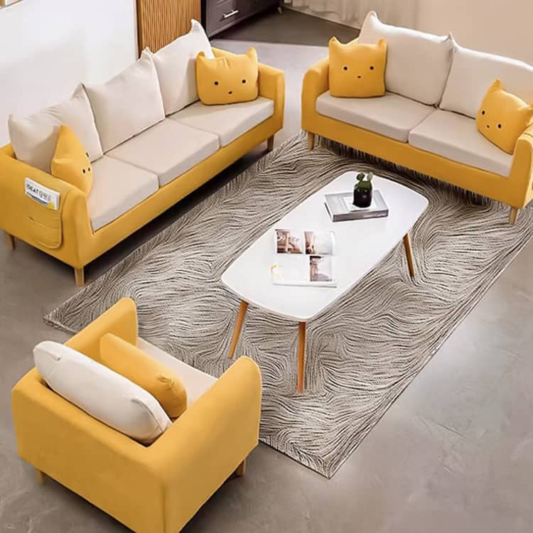 Modern Techno Fabric Sofa Set in Orange, Off-White, Dark Blue, and Green with Elegant Wood Accents qm-1