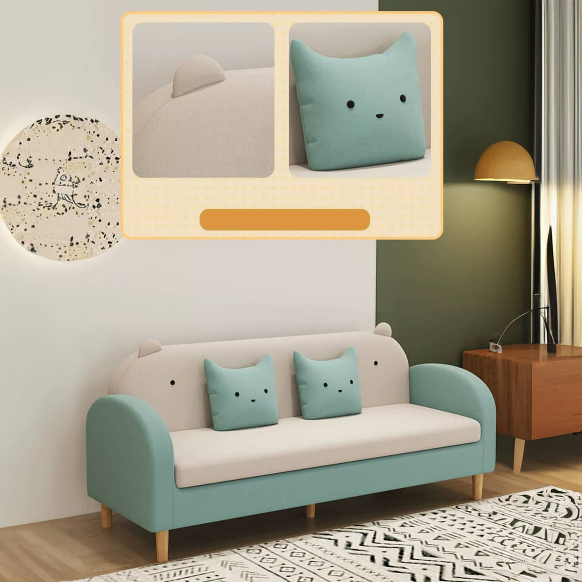 Stylish Light Gray Sofa with Off White, Mint Green, Grass Pink, and Yellow Wood Accents – Premium Cotton Upholstery qm-11