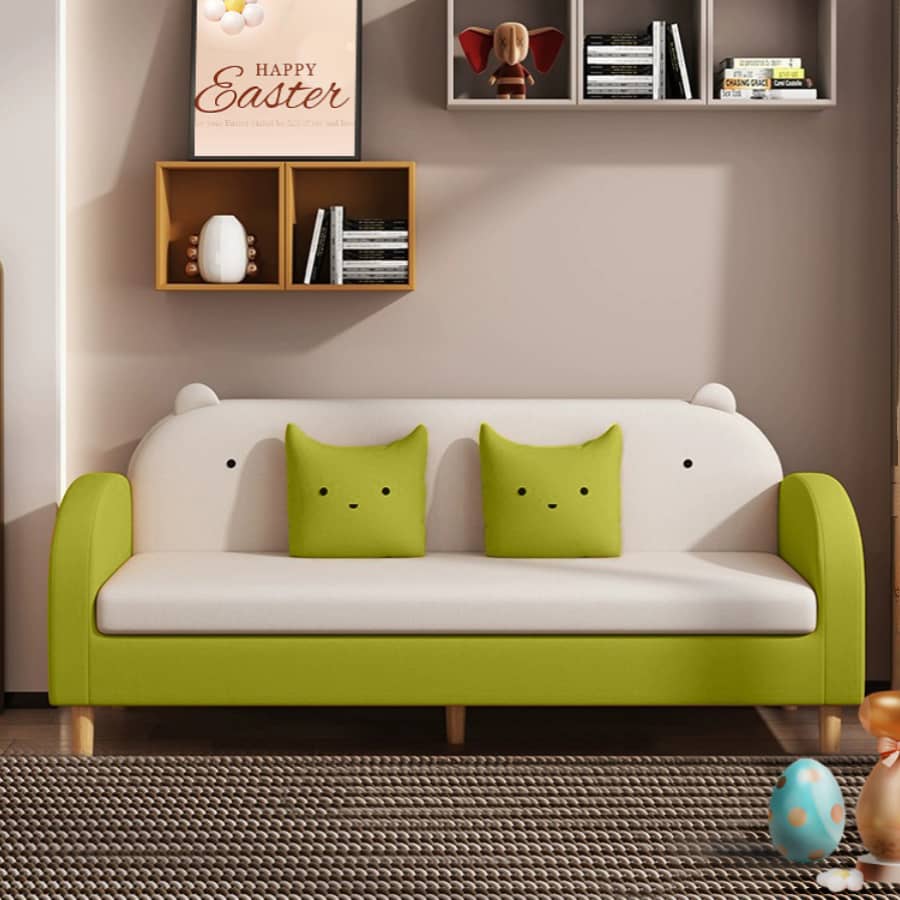 Stylish Light Gray Sofa with Off White, Mint Green, Grass Pink, and Yellow Wood Accents – Premium Cotton Upholstery qm-11