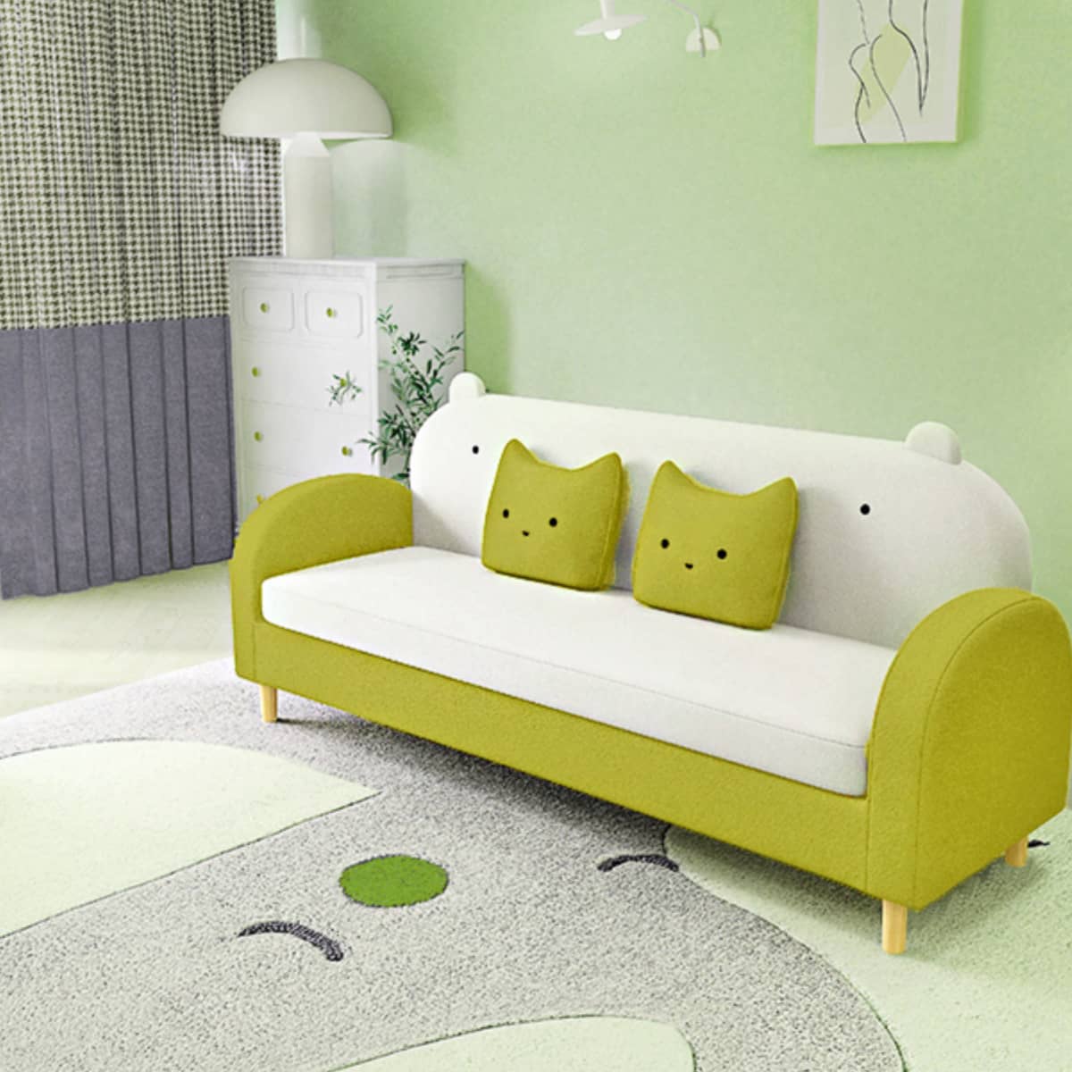 Stylish Light Gray Sofa with Off White, Mint Green, Grass Pink, and Yellow Wood Accents – Premium Cotton Upholstery qm-11