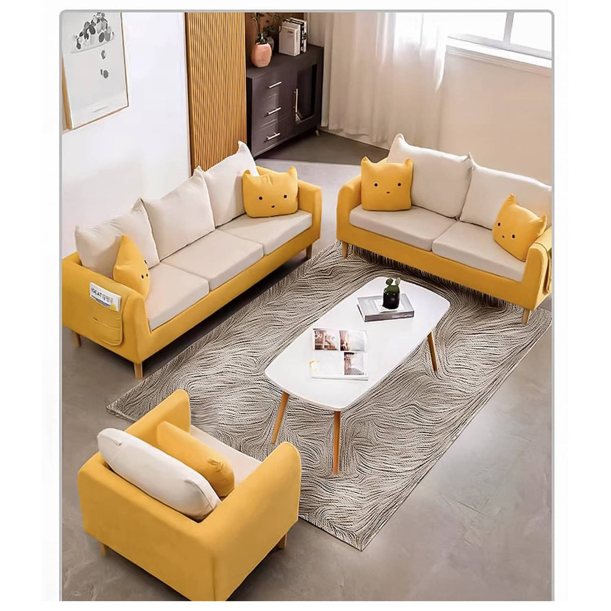 Stylish Cotton Blend Sofa in Vibrant Colors: Yellow, Off-White, Light Blue, Pink, Light Gray, and Grass Green with Wood Accents qm-12