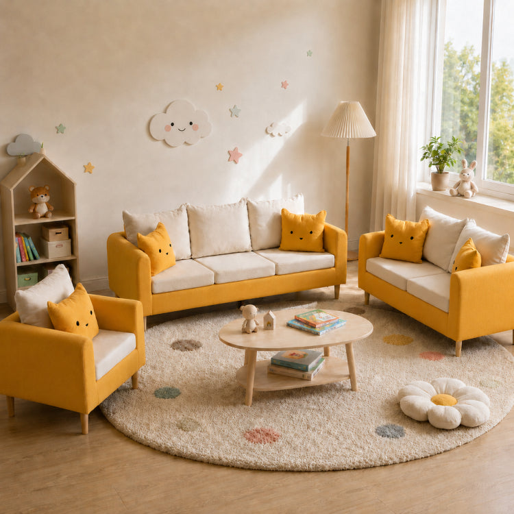 Modern Yellow Fabric Sofa Set, Cute Cat Ear-Shaped 2/3-Seater Couch for Living Room qm-12