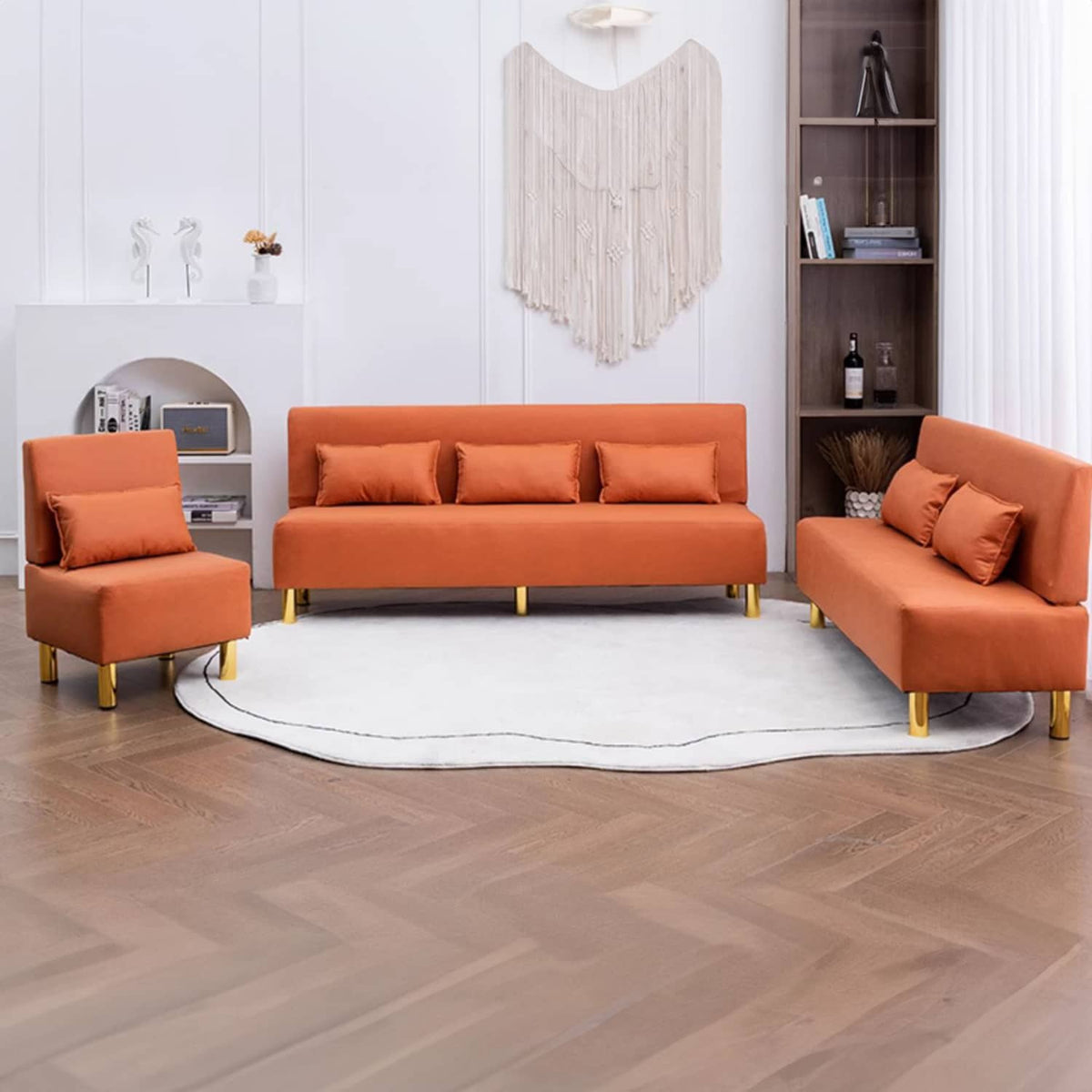 Stylish Multi-Color Sofa: Orange, Khaki, Dark Green, Blue & Light Brown with Premium Wood Finish & Techno Fabric Blend qm-15