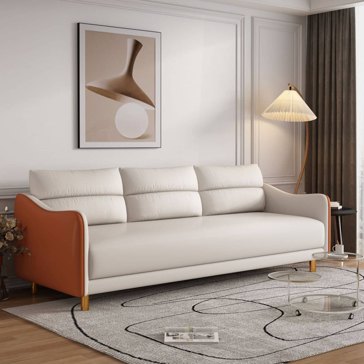 Stylish Techno Fabric Sofa - Available in Orange, Off White, Khaki, Black, Light Gray, and Dark Blue with Wood Accents qm-16