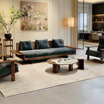 Black Walnut Solid Wood Sofa, Minimalist Straight-Line 3-Seater Blue Fabric Couch for Living Room sym-0226-64