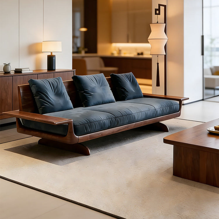 Black Walnut Solid Wood Sofa, Minimalist Straight-Line 3-Seater Blue Fabric Couch for Living Room sym-0226-64