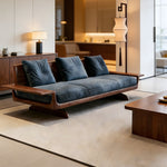 Black Walnut Solid Wood Sofa, Minimalist Straight-Line 3-Seater Blue Fabric Couch for Living Room sym-0226-64