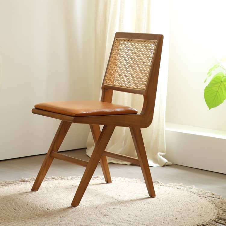 Stylish Natural Wood Ash Rattan Chair with Synthetic Leather Seat tzm-524