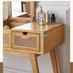 Elegant Natural Wood Makeup Table with Rattan and Ash Wood Accents, Glass Top tzm-525