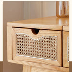 Elegant Natural Wood Makeup Table with Rattan and Ash Wood Accents, Glass Top tzm-525