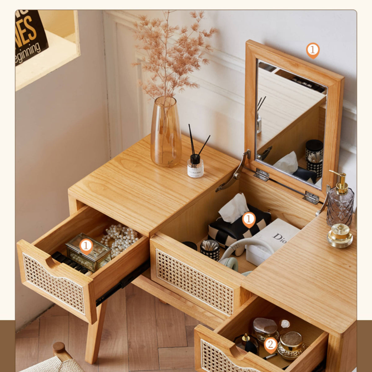 Elegant Natural Wood Makeup Table with Rattan and Ash Wood Accents, Glass Top tzm-525