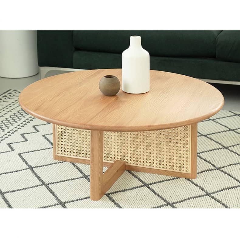 Natural Oak Wood Tea Table with Rattan Accents: Timeless Elegance for Your Living Room tzm-527