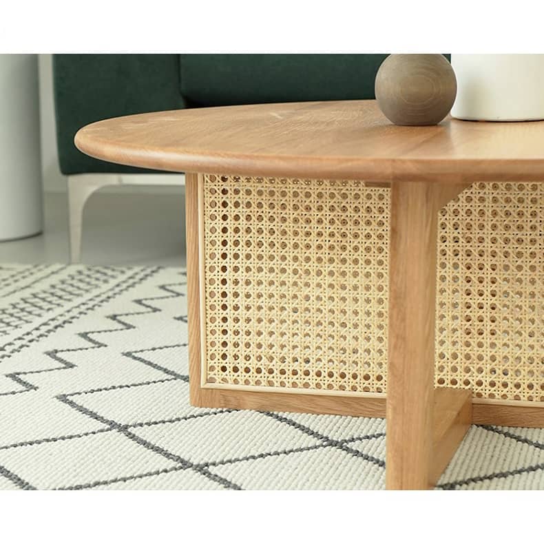 Natural Oak Wood Tea Table with Rattan Accents: Timeless Elegance for Your Living Room tzm-527