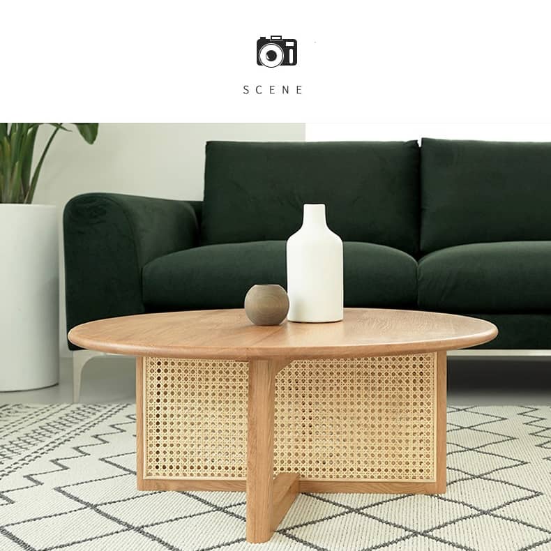 Natural Oak Wood Tea Table with Rattan Accents: Timeless Elegance for Your Living Room tzm-527