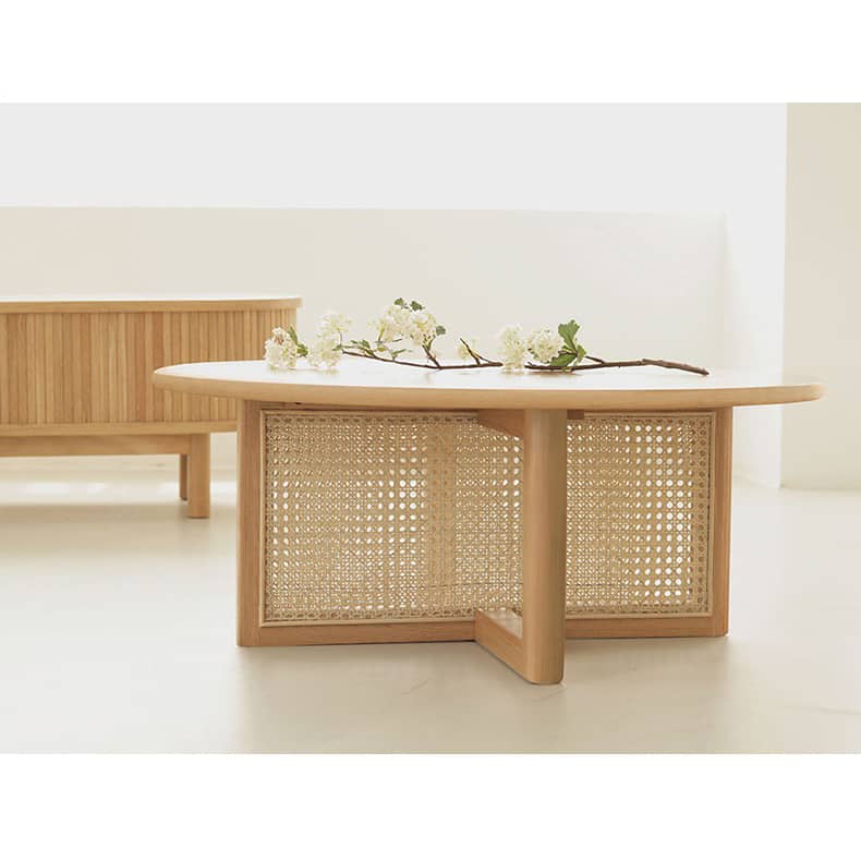 Natural Oak Wood Tea Table with Rattan Accents: Timeless Elegance for Your Living Room tzm-527