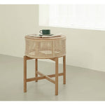 Stylish Natural Oak Wood Tea Table with Rattan Accents tzm-528