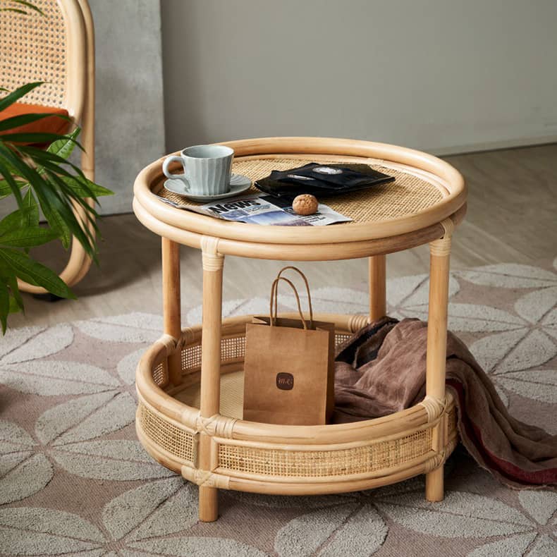 Natural Wood Tea Table with Rattan Accents and Glass Top – Elegant and Durable tzm-529