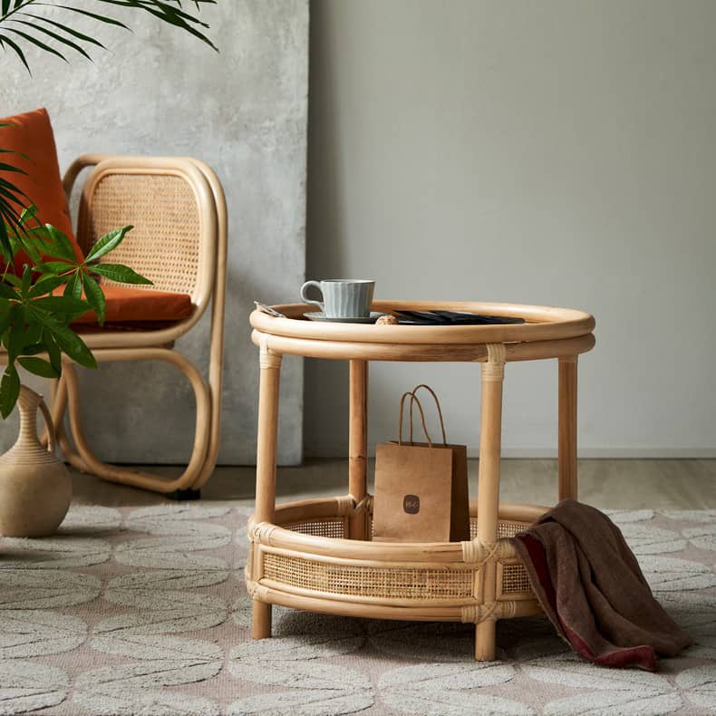 Natural Wood Tea Table with Rattan Accents and Glass Top – Elegant and Durable tzm-529