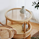 Natural Wood Tea Table with Rattan Accents and Glass Top – Elegant and Durable tzm-529