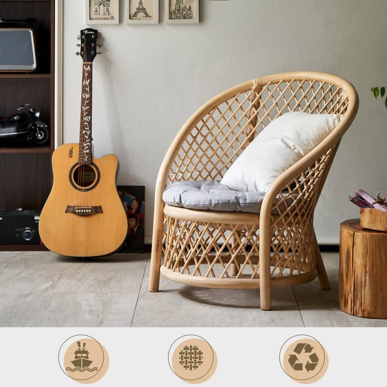 Elegant Rattan Chair with Natural Wood Finish and Plush Cotton-Ramie Cushion tzm-530