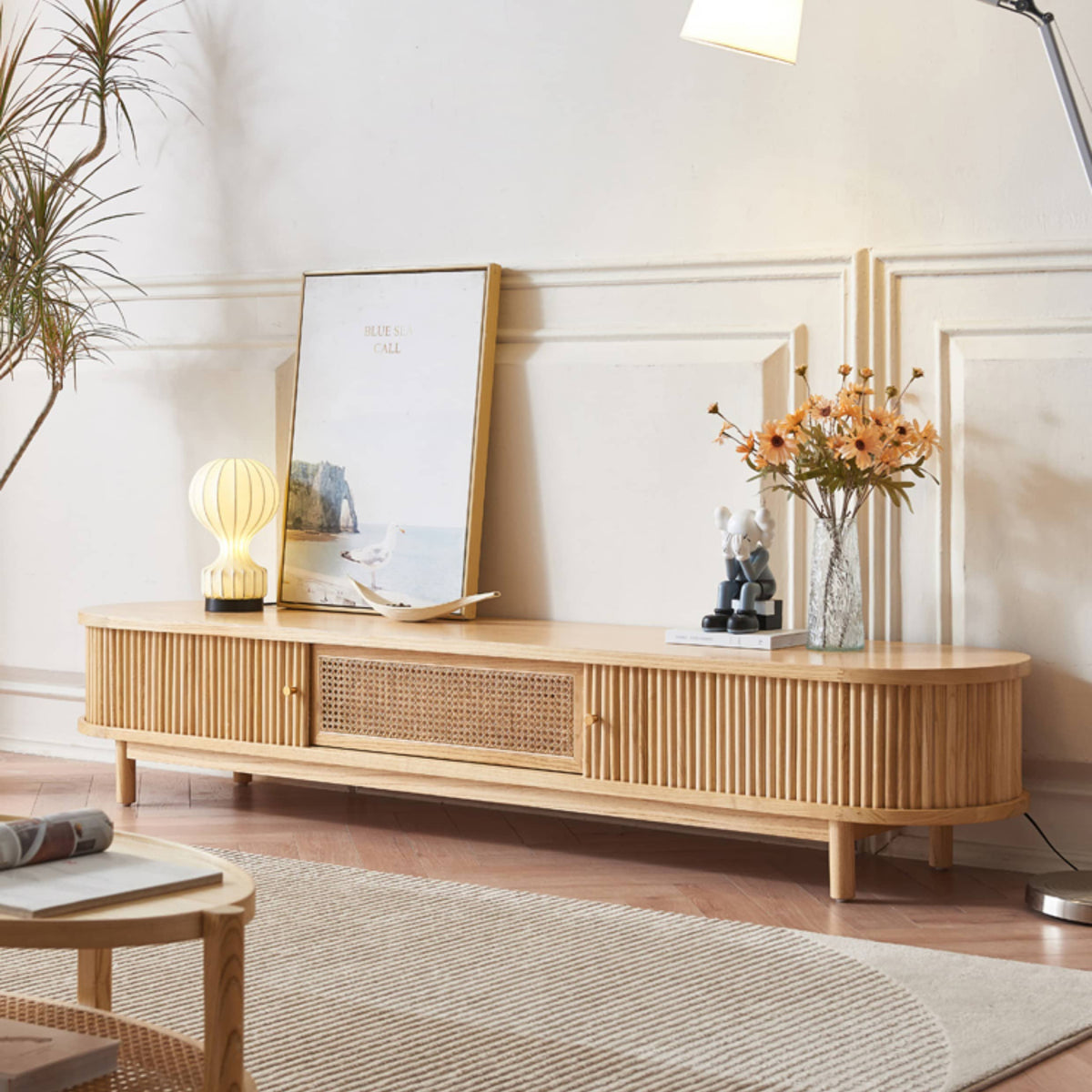 Elegant Dark Brown TV Cabinet with Rattan Panels and Stainless Steel Accents tzm-535