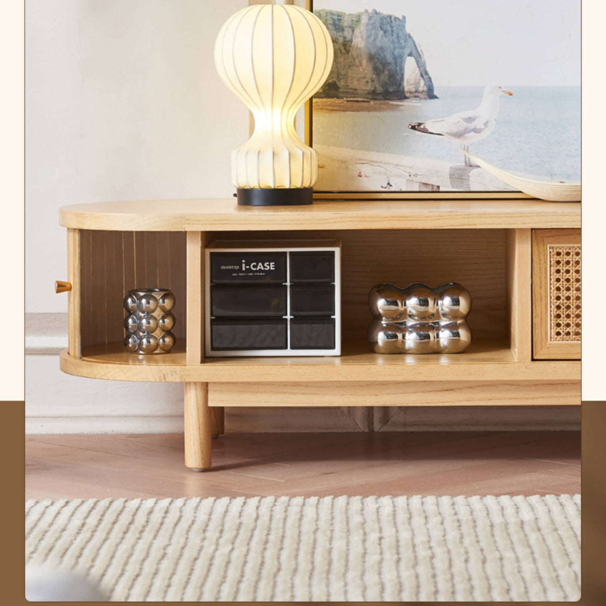 Elegant Dark Brown TV Cabinet with Rattan Panels and Stainless Steel Accents tzm-535