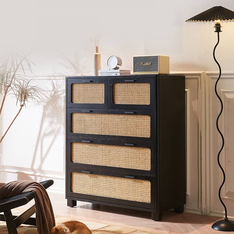 Sleek Black Ash Wood Cabinet with Natural Rattan Accents – Perfect Home Storage Solution tzm-536