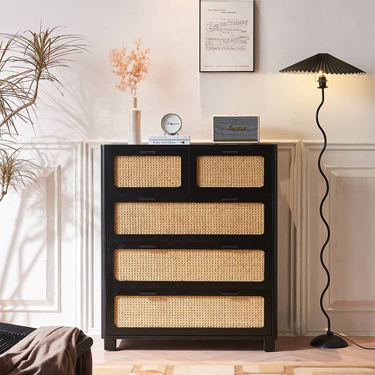 Sleek Black Ash Wood Cabinet with Natural Rattan Accents – Perfect Home Storage Solution tzm-536