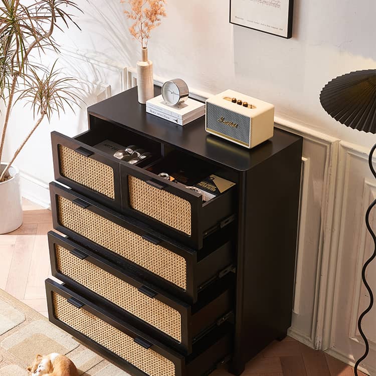 Sleek Black Ash Wood Cabinet with Natural Rattan Accents – Perfect Home Storage Solution tzm-536