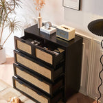 Sleek Black Ash Wood Cabinet with Natural Rattan Accents – Perfect Home Storage Solution tzm-536