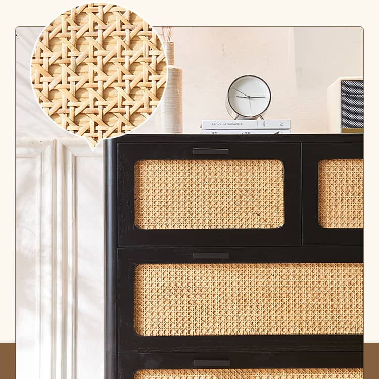 Sleek Black Ash Wood Cabinet with Natural Rattan Accents – Perfect Home Storage Solution tzm-536