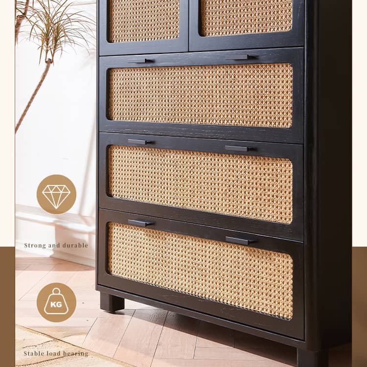 Sleek Black Ash Wood Cabinet with Natural Rattan Accents – Perfect Home Storage Solution tzm-536